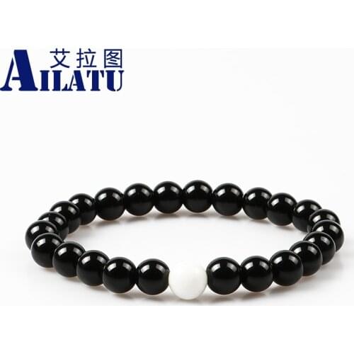 Ailatu Lovers' Favorite 8mm White Biological Stone Beads with Black Glass Beads Couple Bracelets