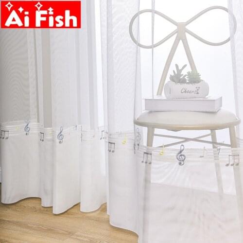 White Embroidered with Double-layer Folds of Musical Note Lace Bottom Tulle Curtains Drape for Childrens Bedroom Gauze ZH219#45