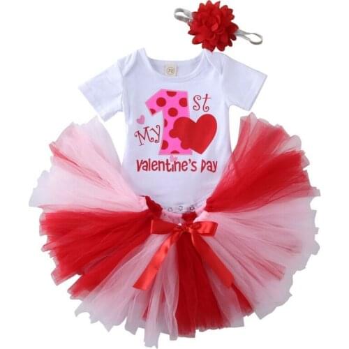 2020 New Brand My 1st Valentines Day Baby Girl Clothes Short Sleeve Bodysuit+ Tutu Skirt Party 3Pcs Outfit