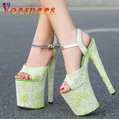 Summer Fresh Green Color Lace Flower Sandals Buckle Strap Walk Show Platform Women Shoes Super High Heel Sexy Pole Dance Sandals