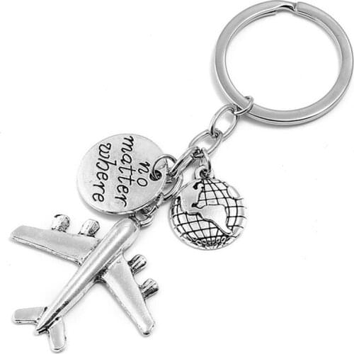 Silver Color Aircraft Keychain for Women Girl Bag Charms Travel Key Chain Letter No Matter Where Earth Map Key Rings Men Keyring