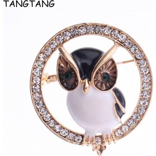 TANGTANG Owl Brooch Bird On Circle Golden Brooches For Girls Lovely Ornament Accessories Wedding Pins Rhinestone Animal Brooch