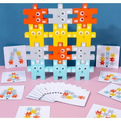 Children Montessori Wooden Animal Balance Blocks Board Games Toy Rabbit Educational Stacking High Building Block Wood Toy Boys