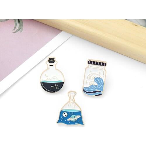 Ocean Sea Wave Brooches Drift Bottle Plastic Bag Enamel Pins Backpacks Lapel Pin Cartoon Anime Badges Jewelry Gifts for Friends