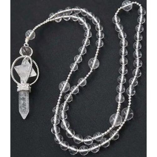 KFT Silver Plated Natural White Clear Rock Crystal Healing Reiki Quartz Merkaba Hexagon Stone Pendulum Pendant Chain Necklace