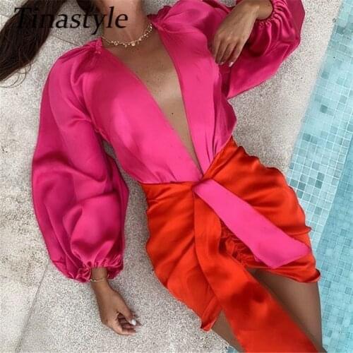 Tinastyle Two Piece Set Puff Sleeve Satin Dress Women Deep V Neck Bodycon Bodysuit And Skirt Set Ladies Party Dress Vestidos