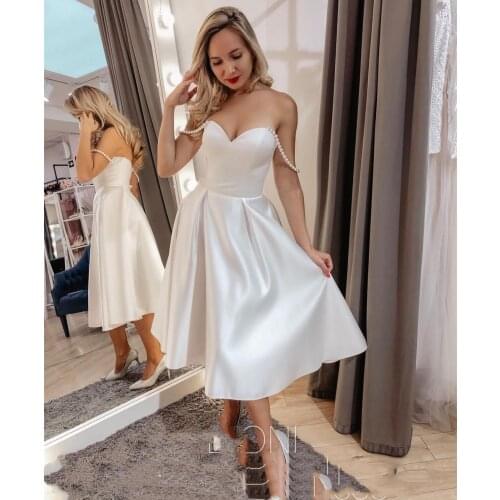 Short Wedding Dress 2021 Sweetheart Satin Knee Length Off Shoulder Simple Shiny Bridal Gown For Women Brides Elegant Robe De Mar