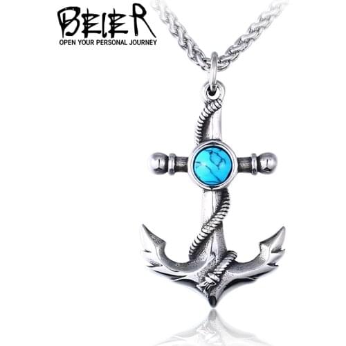 BEIER 316L Stainless Steel Necklace pendant Natural Green And Red stone Ocean Style Anchor Pendant Blue stone pendant LHP118