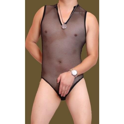 LinvMe Men See Through One Piece Bodysuit Sexy Lycra Mesh Lingerie Underwear