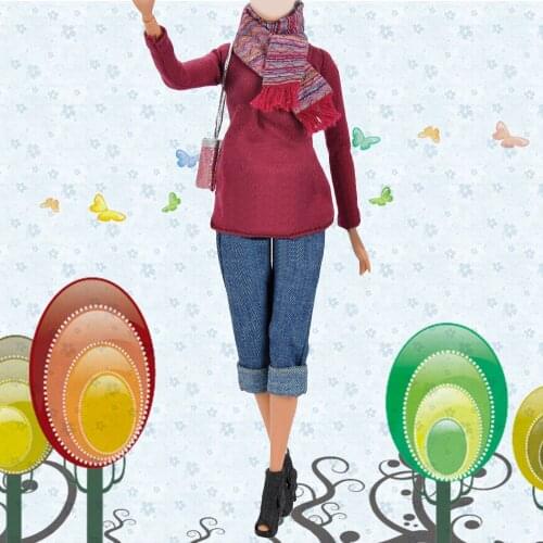 6PCS Mini Doll Winter Sweater Tops Pants Coats Sunglasses High Heels Shoes Bag Scarf Outfits Clothes Accessories for Barbie Toy