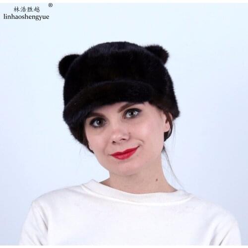 Linhaoshengyue Fashion Women Mink Fur Cap Lovely Ear Hat With a Small Tail