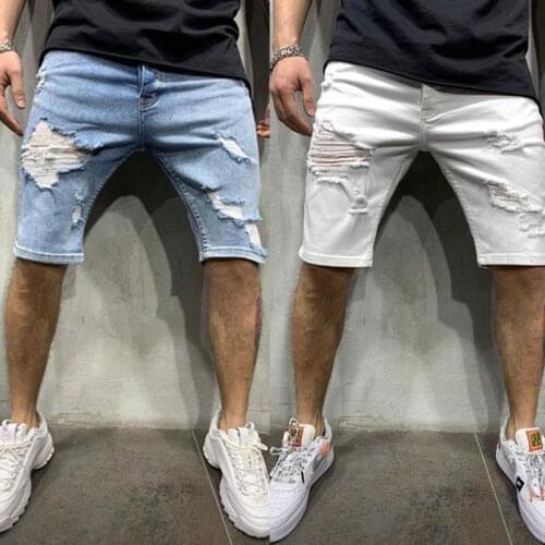 2021 Summer Men Ripped Jeans Solid Colour Skinny Frayed Denim Shorts Hip-Hop Knee Length Shorts Straight Slim Jeans
