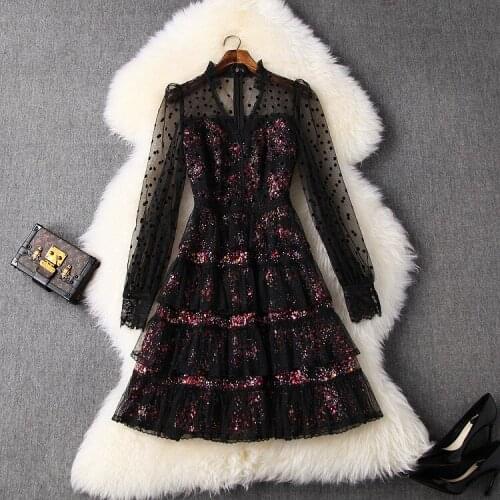 American New European and womens dresses for spring 2021 Long-sleeved v-neck Wave point splicing heavy sequins Fashion dress