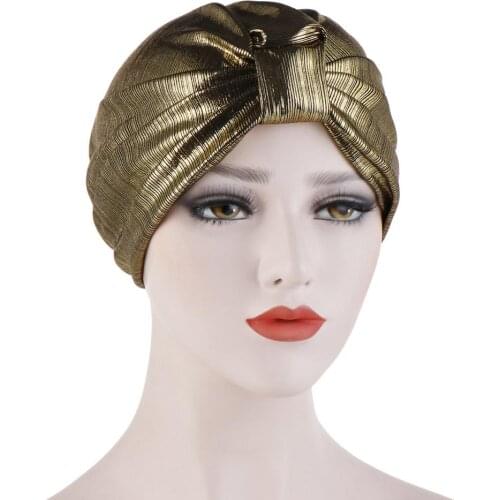 New Glitter Knotted Turban Caps For Women Gold Silver Muslim Indian Hat Ladies Hair Loss Chemo Cap Ready to Wear Hijab Bonnet