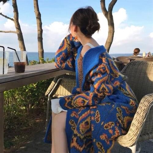 Fall Winter New Vintage Blue Cardigan Knitted Sweater Mid-Length Thick Cardigan Lazy Style Jacquard Oversized Loose Sweater Coat