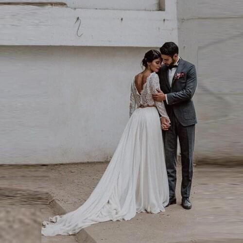 Modern Sexy Two Pieces Lace Long Sleeve Bridal Wedding Gowns Back Out Bateau Neck Wedding Dresses for Bride Boho On Sale