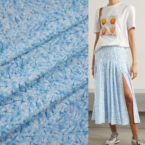 Blue Ocean Color Fresh Small Floral Hibiscus Linen Chiffon Fabric Dress Pants Shirt Womens Handmade DIY Fabric