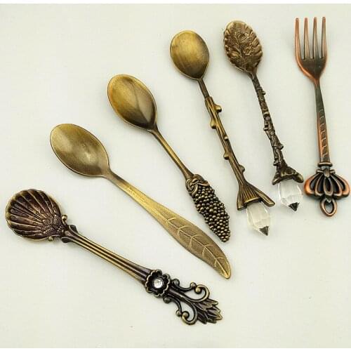 Vintage European Court tableware 6 pcs fruit cake fork pomegranate flower coffee spoon golden silver bronze