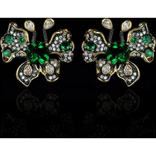 Vintage Classic 925 Silver Butterfly Green Zircon Satin Earrings Black Gold Jewelry Womens Earrings Wedding Party Jewelry