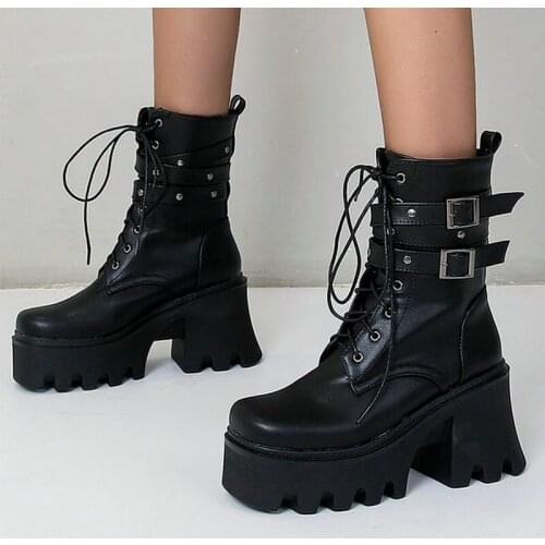 2021 PU Leather Women Ankle Boots Platform Square High Heel Ladies Motorcycle Boots Cross Tied Lace Up Womens Boots Black