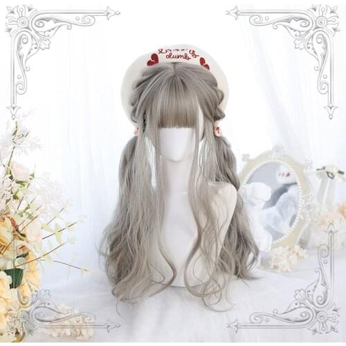 Female Long Wavy Curly Grey Bangs Wig Women Wigs Lolita Cosplay Party
