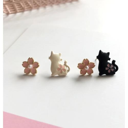 Women jewelry cute enamel cat Sakura metal flower Asymmetric earrings for women