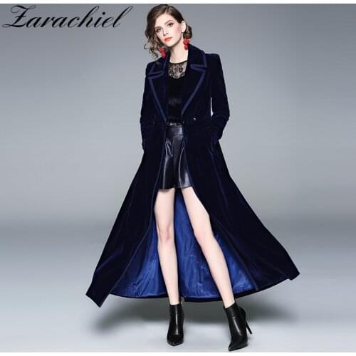 New 2021 Autumn Winter Women Long Sleeve Notched Collar Pocket Double-Breasted Gold Velvet Maxi Trench Coat Thick Outerwear