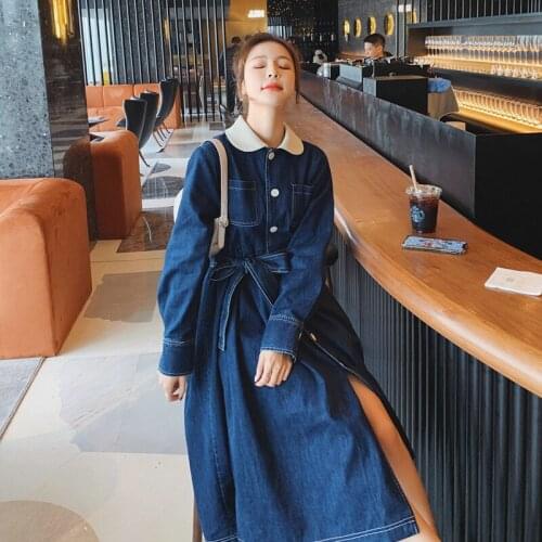 New French age reducing long sleeve denim dress womens spring baby collar style thin Hepburn dress