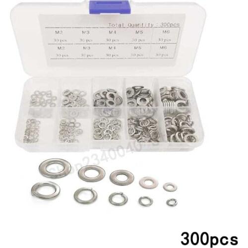 300pcs/box 304 Stainless Steel Flat Washer/Spring washer Assortment Set M2 M3 M4 M5 M6 Metal Lock Washer Abrasion Resistance