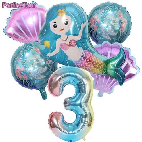 6pcs Little Mermaid Party Balloon 32'' Number Foil Balloon Baby Shower Birthday Party Decor Cartoon Mermaid Helium Ballon Globos
