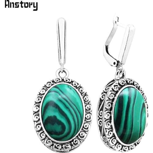 Big Oval Flower Pendant Malachite Earrings For Women Antique Silver Plated Party Fashion Jewelry TE391