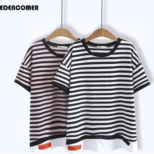 Large Size Womens Spring and Summer New Thin Loose Cotton Stripes Fall Round Collar T-shirt 2021 Casual Oversized T-shirts