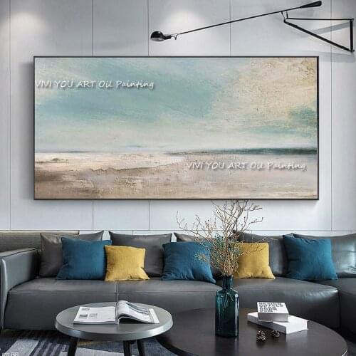 Blue Sky and Sea Beach Aestheticism Landscape 100%Handmade Canvas Painting Wall Art Picture for Living Room Decor Salon