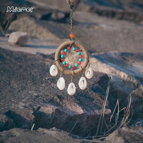 MIAMOR 3 Colors Retro Style Handmade Mini Dream Catcher Keychain With Shells, Turquoise beads, Red agate beads Bag Decorations