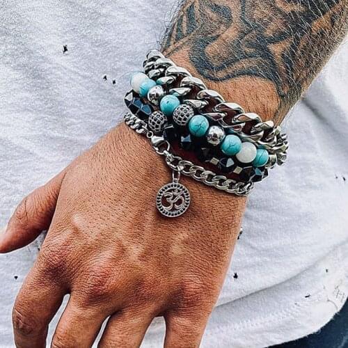 Men Bracelet Set New Design Stainless Steel Chain CZ Yoga Charm Natural Stone Beaded Bacelet Set For Men Jewelry Gift
