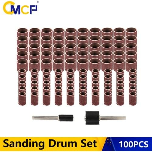 CMCP 100pcs Sanding Drum Set 80 Grit 6.35/12.7mm Shank Sanding Bands With Sanding Mandrel For Dremel Rotary Tools Abrasive Tools