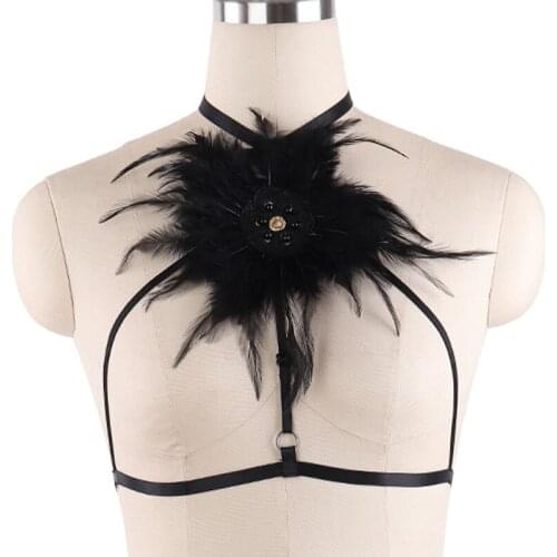 Sexy Goth Feather Cage Bralette Flowers Crop Tops Body Harness Rave Pole Dance Bondage Harness Can Adjust Size Fetish Bra