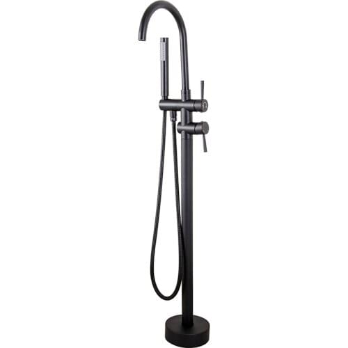 Luxurious Wholesale Matt Black High Rise Round Spout Bath Mixer Tap Floor Mounted Bathtub Filler Shower Roman Tub Faucet Set