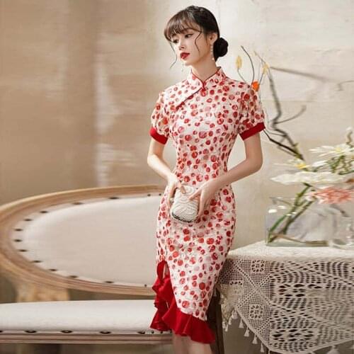 Summer New Lace Cheongsam Vintage Slim Red Printing Asymmetric Chinese Traditional Dress Ruffle Irregular A-line Modern Qipao