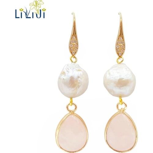 Lii Ji Gemstone Natural Rose Quartz,Baroque Freshwater Pearl 925 Sterling Silver Gold Plated Shining Earring Women Jewelry