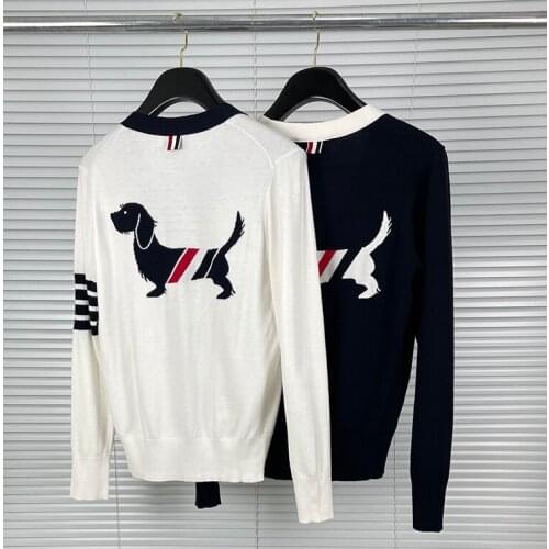 2021 Fashion TB Thom Brand Sweaters Women Slim V-Neck Cardigan Clothing Wool Cotton Puppy Pattern Spring Autumn Casual Coat