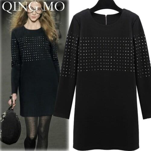 2021 Fashion Brand Black Tshirt Dress With Rhinestone Women Spring Elegant Dress Full Sleeve Knee Length Dress ZQY1540