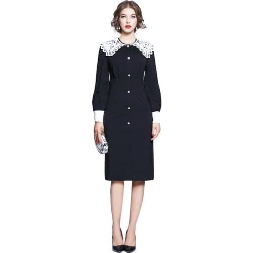 Women Autumn Vintage Dress Elegant Long Sleeve Lace Patchwork Peter Pan Collar Pearls Button Black Midi Dresses Vestidos Femme