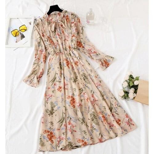 2020 New Vintage Women Dress Floral Print Lotus leaf collar Bow Chiffon Dresses Casual Long Sleeve Party Dress Vestidos