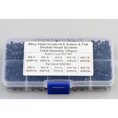 730Pcs/Set M3 Alloy Steel 10.9 Grade Black High Strength M3*4/6/8/10/12mm Button & Flat Hexagon Socket Head Screws Set