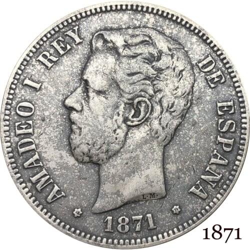Spain 5 Pesetas Amadeo I 1871 REY DE ESPANA Bust of Amadeo I facing left and the date below Cupronickel Silver Plated Copy Coin