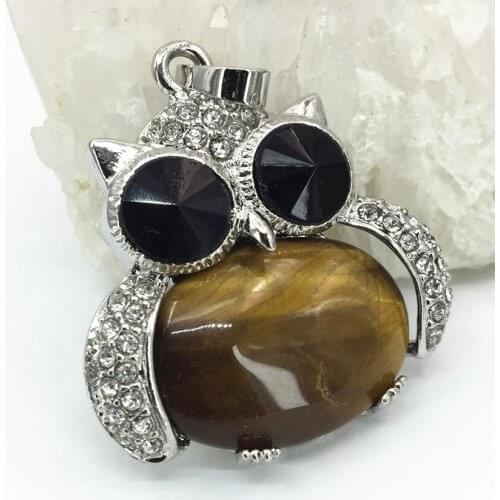 Exquisite Yellow Natural Tiger Eye Stone Owl Shape Pendant Silver-color Crystal Inlay 33*35mm Animal Diy Jewelry B3065