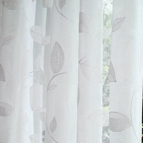 Coffee and White Color Embroidery Leaves Sheer Curtain Balcony Voile Panel For Living Room Beadroom Tulle Blind