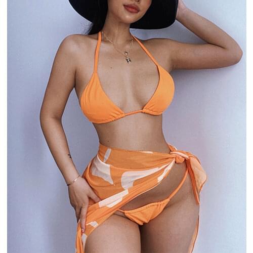 Sexy Women Bikini Set with Cover Up Solid Color Push Up Halter Seperate Swimsuit Ladies 3Pcs Swimwear Summer Bathing Suit