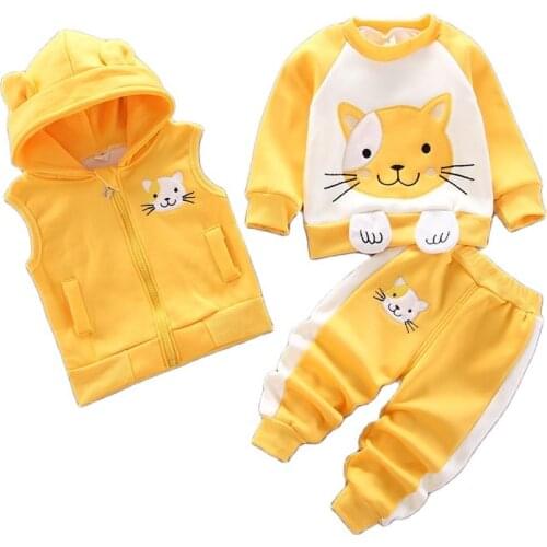 New Clothing Sets For Girls Boys Winter Plus Velvet Thick Warm Vest+Pullover+Pants 3Pcs Outfit Children Clothes Tracksuit Set